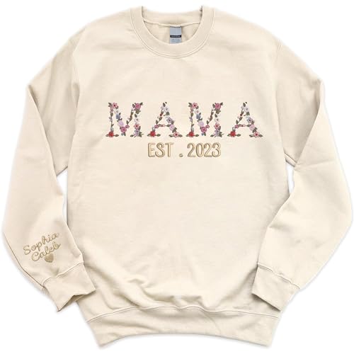 Personalized Mama Embroidered Sweatshirt, Colorful Floral Design, Christmas Gift